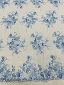 3D Flower Pearl Design - Baby Blue - Embroidered Sequins Floral Clusters Lace Fabric By Yard