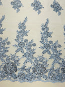 Beaded Sequin Fabric - Baby Blue - Embroidered Floral Pattern with Beads and Sequins By Yard