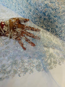 Floral Plant Bead Design - Baby Blue - Beaded Flower Plants Embroidered  Sequins Fabric By Yard