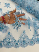 Floral Damask Bead Fabric - Baby Blue - Embroidered Floral Clusters with Beads / Sequins by Yard