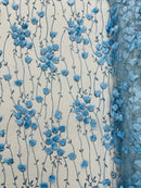 3D Floral Glitter Fabric - Baby Blue - 3D Sequins and Glitter Floral Design on Mesh Sold By Yard