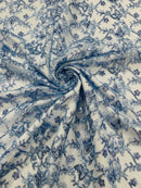 Metallic Floral Butterfly Fabric - Baby Blue - Embroidered Floral Butterfly Design Mesh Fabric by Yard