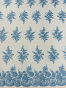 Flower Lace Sequins Fabric - Baby Blue - Embroidered Floral Pattern Fabric with Sequins on Lace By Yard