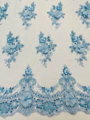 3D Floral Sequins Design - Baby Blue - Embroidered Floral Lace Fabric With Sequins / Pearls By Yard