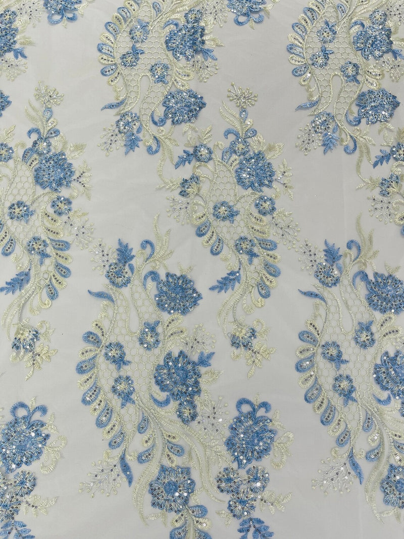 Two Tone Lace Floral Fabric - Baby Blue - Flower and Fish Designs Corded on Sequins Lace By Yard