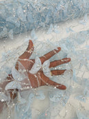 3D Butterfly Sequins Bead Fabric - Baby Blue -  Sequins Butterfly Embroidered Beaded Fabric By Yard