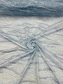 Wavy Leaf Lines Fabric - Baby Blue - Beaded Sequins Leaf Pattern Embroidered On Mesh By Yard