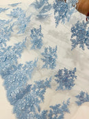Flower 3D Corded Fabric - Baby Blue - Lace Mesh Fabric Embroidered Floral Design by Yard