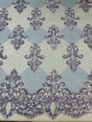 King Damask Lace Fabric - Baby Blue - Corded Embroidery with Sequins on Mesh Lace Fabric By Yard