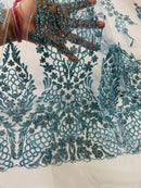 Fancy Rhinestone Glitter Fabric - Baby Blue - Embroidered Damask Design Glitter Mesh Fabric by Yard