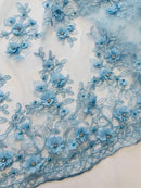 3D Floral Fabric - Baby Blue - Embroidered Flower with Rhinestone and Sequins Fabric Sold By Yard