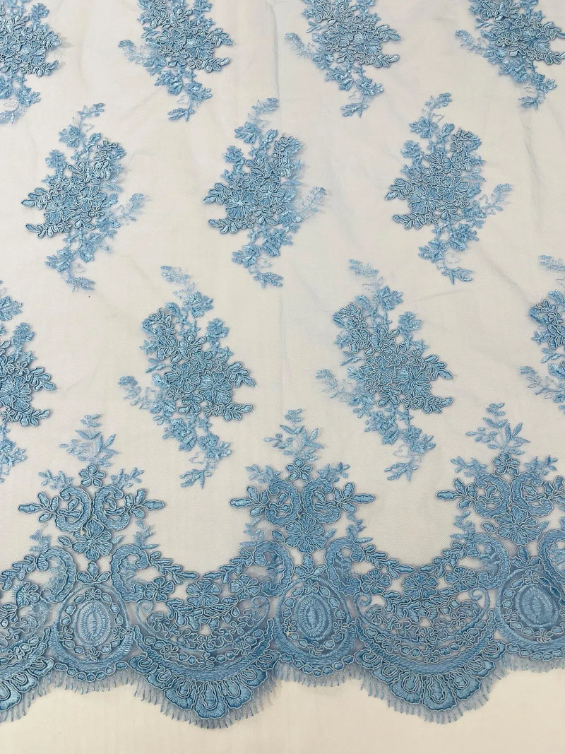 Damask Flower Lace Fabric - Baby Blue - Damask Flowers Embroidered on Lace Fabric By Yard