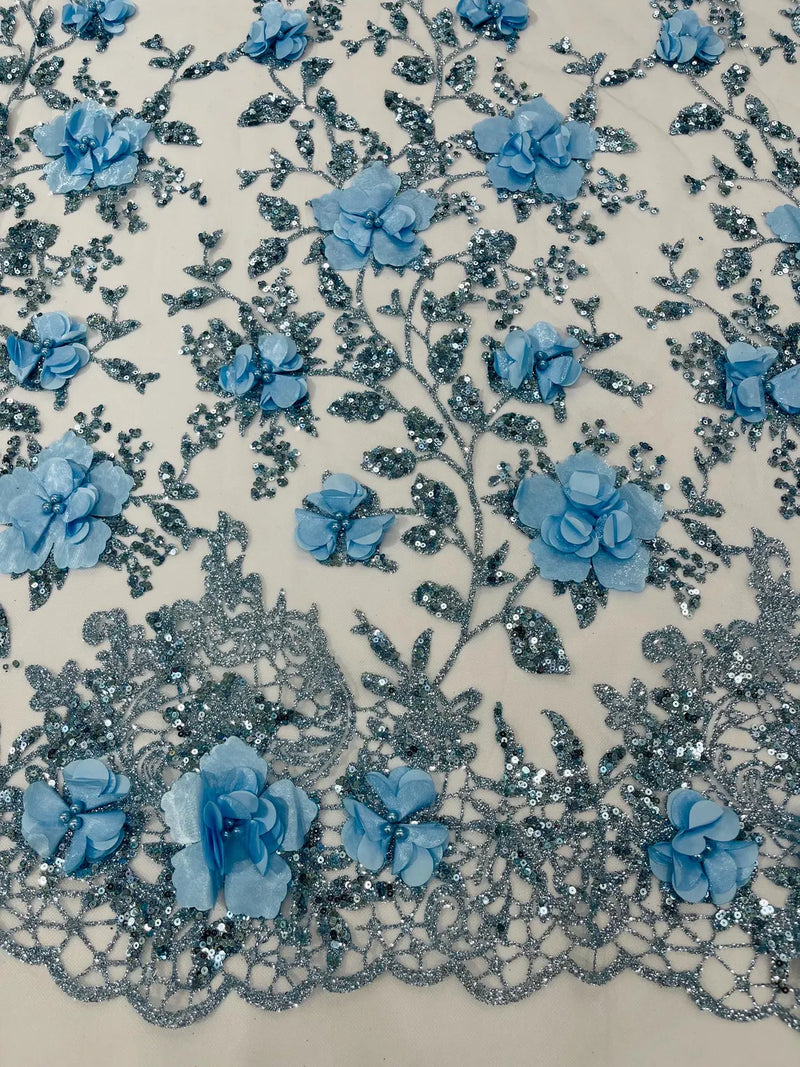 Big Flower 3D Glitter Fabric - Baby Blue - Embroidered Floral Sequins Design Fabric by Yard