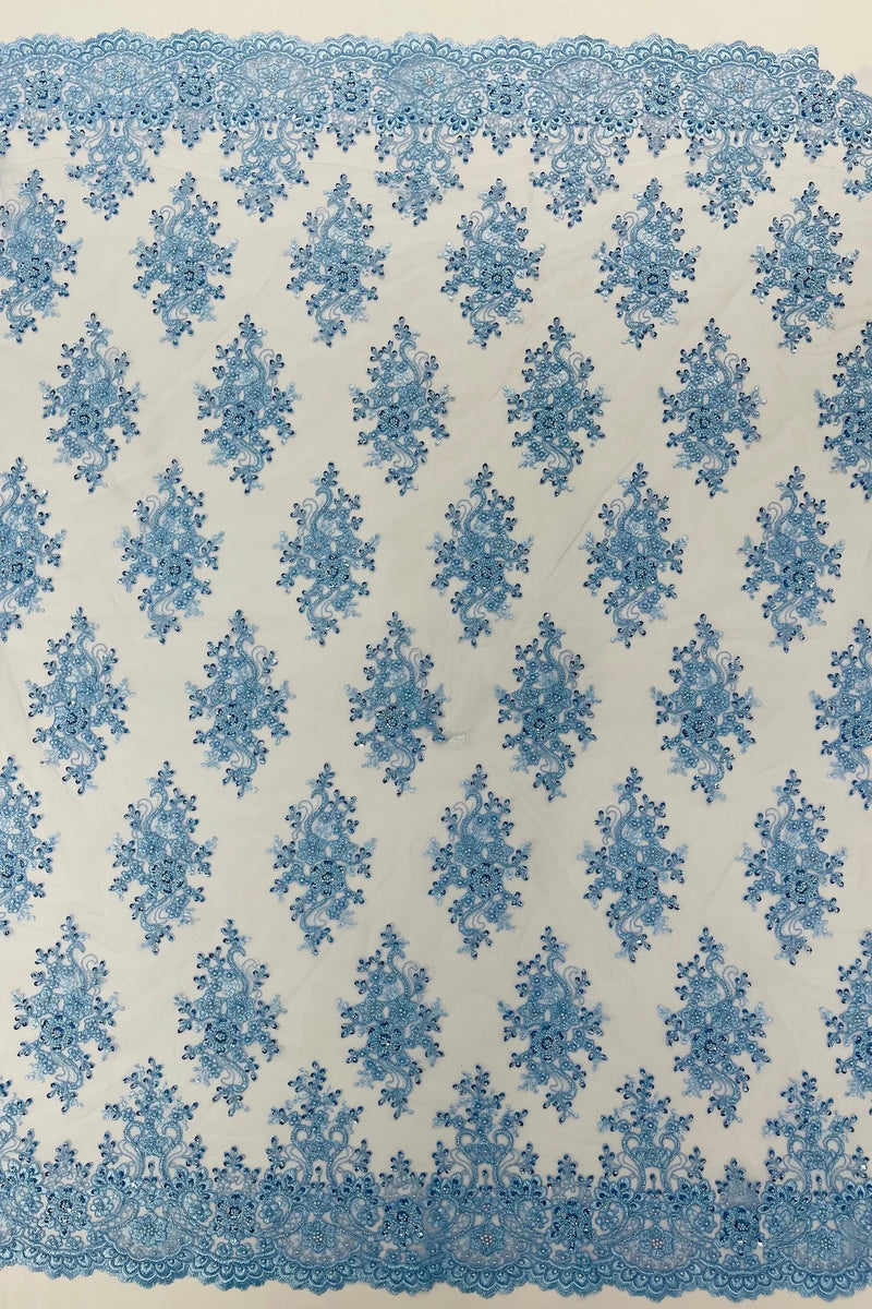 Isabela Design - Baby Blue - Embroidery Beaded Fabric With Sequin on a Mesh Fabric by the yard