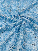 Sequins Satin Rosette Fabric - Baby Blue - 3D Satin Rose Sequins Floral Fabric Sold By The Yard