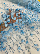 3D Glitter Floral Fabric - Baby Blue - Floral Line Glitter Designs on Mesh Fabric Sold By Yard