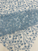 Small Glitter Flower Fabric - Baby Blue - Shimmer Glitter Flower Design on Mesh Lace By The Yard