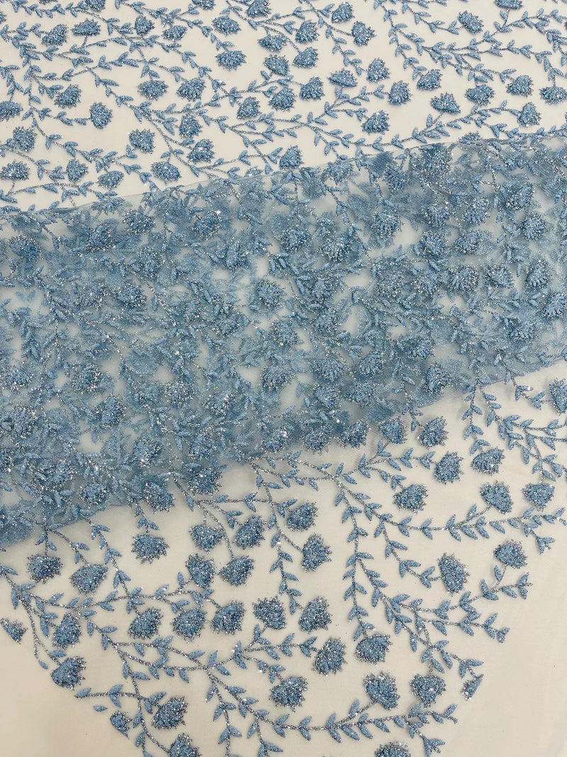 Small Glitter Flower Fabric - Baby Blue - Shimmer Glitter Flower Design on Mesh Lace By The Yard