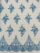 Floral Damask Bead Fabric - Baby Blue - Embroidered Floral Clusters with Beads / Sequins by Yard