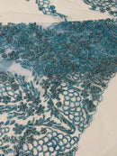 Fancy Rhinestone Glitter Fabric - Baby Blue - Embroidered Damask Design Glitter Mesh Fabric by Yard