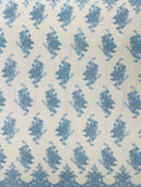 Damask Flower Lace Fabric - Baby Blue - Damask Flowers Embroidered on Lace Fabric By Yard