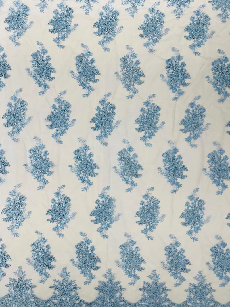 Damask Flower Lace Fabric - Baby Blue - Damask Flowers Embroidered on Lace Fabric By Yard