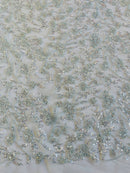 Floral Plant Bead Design - Baby Blue - Beaded Flower Plants Embroidered  Sequins Fabric By Yard