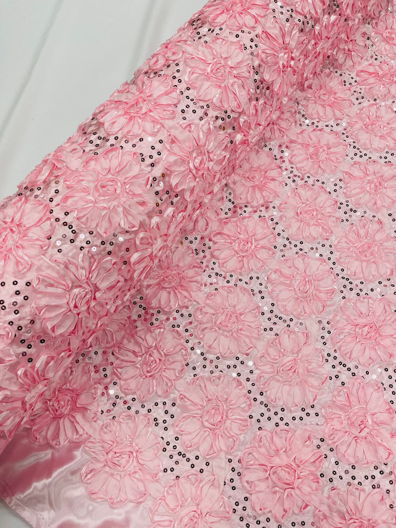 Sequins Satin Rosette Fabric - Baby Pink - 3D Satin Rose Sequins Floral Fabric Sold By The Yard