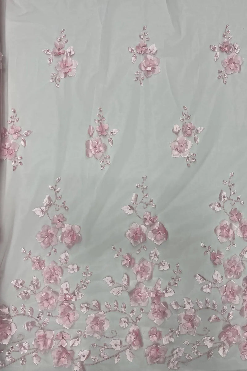 3D Orquidia Floral Lace - Baby Pink - Beautiful Orchid Flower Fabric on Mesh by Yard