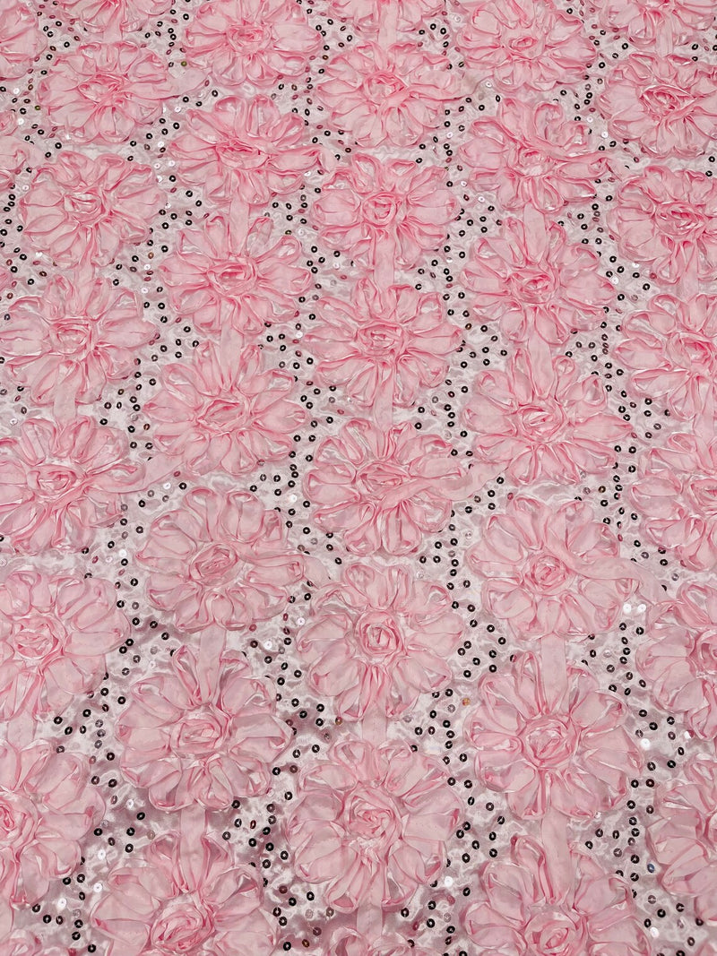 Sequins Satin Rosette Fabric - Baby Pink - 3D Satin Rose Sequins Floral Fabric Sold By The Yard