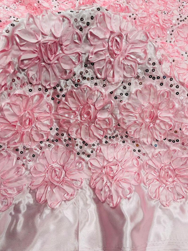 Sequins Satin Rosette Fabric - Baby Pink - 3D Satin Rose Sequins Floral Fabric Sold By The Yard