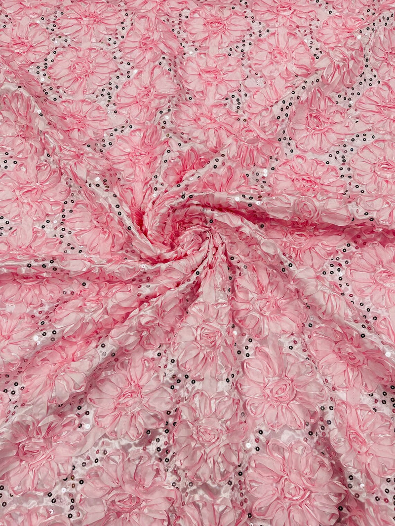 Sequins Satin Rosette Fabric - Baby Pink - 3D Satin Rose Sequins Floral Fabric Sold By The Yard