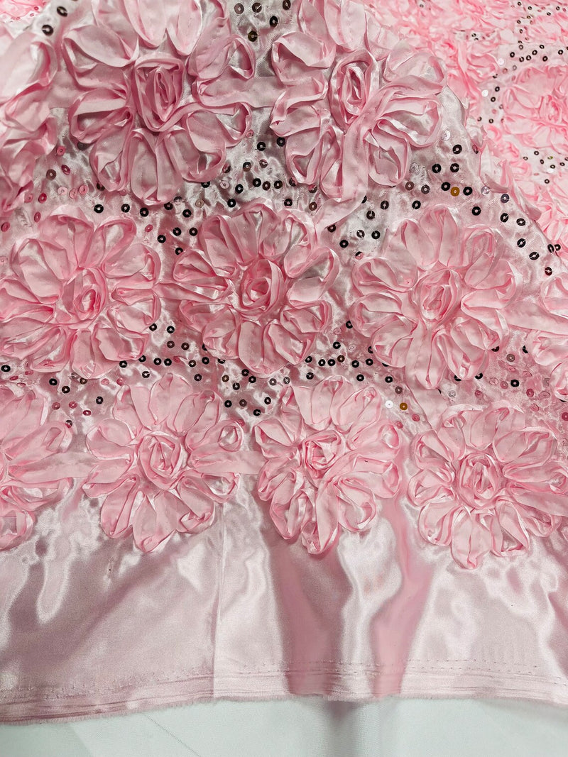 Sequins Satin Rosette Fabric - Baby Pink - 3D Satin Rose Sequins Floral Fabric Sold By The Yard