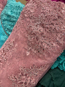 Dusty Rose Flower Cluster Fabric - Embroidered Floral Design With Sequins on Mesh Lace Fabric