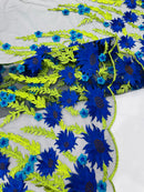 Royal Blue Sunflower Lace 3D Fabric - Black Mesh Sunflower Lace Design Sold By Yard