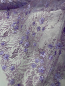 Flower 3D Glitter Fabric - Lilac - Embroidered Floral Sequins Design Fabric by Yard