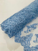 Baby Blue Beaded Fabric - Floral Beads and Sequins Embroidered on a Mesh Sold By Yard