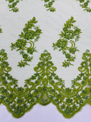 Olive Beaded Fabric - Floral Beads and Sequins Embroidered on a Mesh Sold By Yard