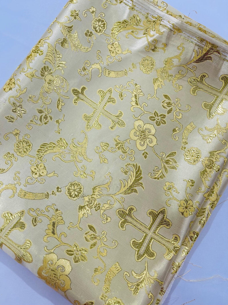 58/60" Cross Print Brocade Fabric - Jacquard Religious Print Church Vestment Fabric By Yard