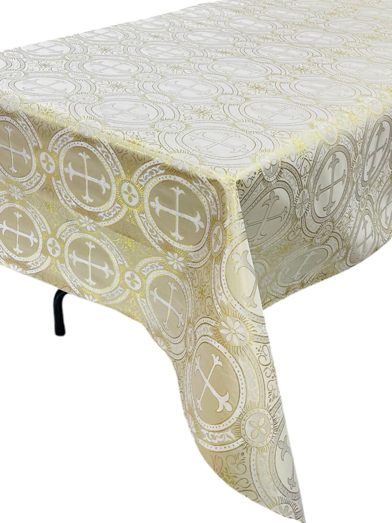 Cross Print Brocade Tablecloth - Jacquard Religious Print Church Fabric Table Covers