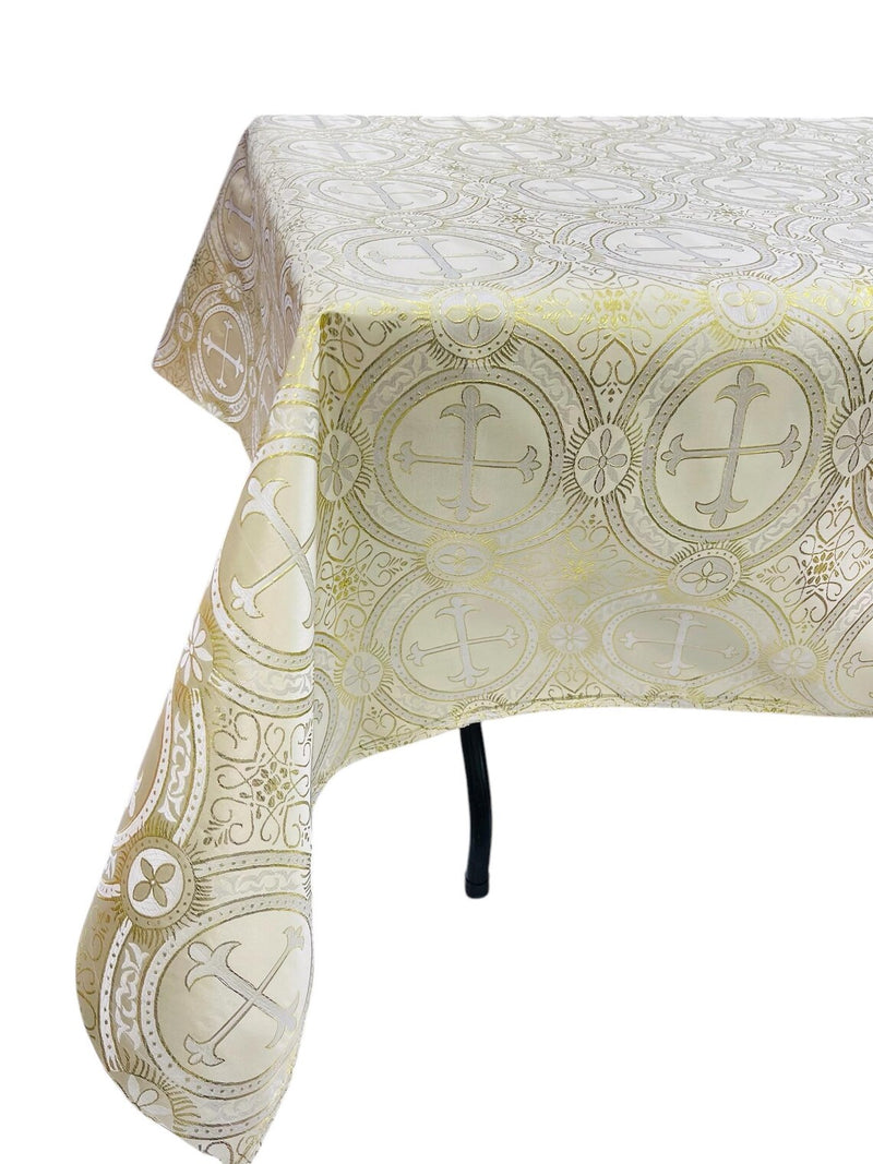 Cross Print Brocade Tablecloth - Jacquard Religious Print Church Fabric Table Covers