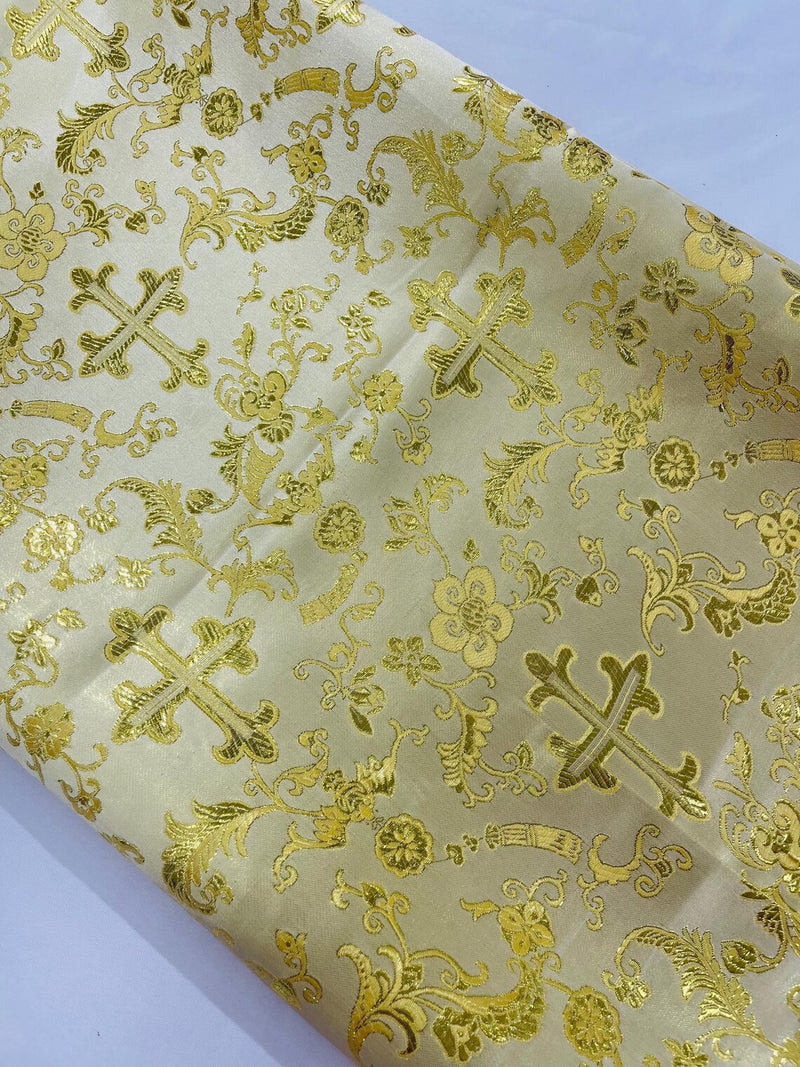 58/60" Cross Print Brocade Fabric - Jacquard Religious Print Church Vestment Fabric By Yard