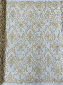 Beaded Butterfly Pattern Fabric - Beige - Damask Fancy Bead Sequins Fabric Sold by Yard