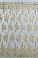 Braid Leaf Designs Lace Fabric - Beige - Embroidered Floral Leaf Pattern on Lace Mesh Fabric By Yard