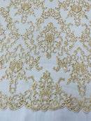 Beaded Butterfly Pattern Fabric - Beige - Damask Fancy Bead Sequins Fabric Sold by Yard