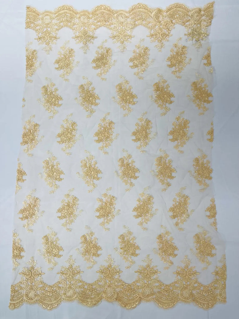 Damask Flower Lace Fabric - Beige - Damask Flowers Embroidered on Lace Fabric By Yard