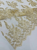 Braid Leaf Designs Lace Fabric - Beige - Embroidered Floral Leaf Pattern on Lace Mesh Fabric By Yard