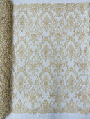 Beaded Butterfly Pattern Fabric - Beige - Damask Fancy Bead Sequins Fabric Sold by Yard