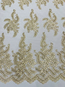 Braid Leaf Designs Lace Fabric - Beige - Embroidered Floral Leaf Pattern on Lace Mesh Fabric By Yard