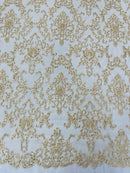 Beaded Butterfly Pattern Fabric - Beige - Damask Fancy Bead Sequins Fabric Sold by Yard